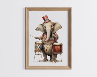 Nursery Art Print Dressed Animal Illustration Elephant Playing Drums Circus Cute Kids Room Wall Decor Vintage Painting Artwork