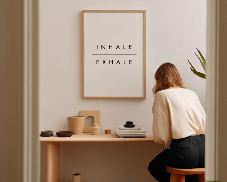 Inhale Exhale Print, Minimalist Typography Poster | Archival Matte Paper | Solid Oak Frame Options, Multiple Sizes imagem 5