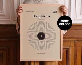 Puede incluir: Un póster enmarcado con fondo beige y texto en negro que dice Record Label, 1992, Song Name y Artist Name. Un gráfico circular que recuerda a un disco de vinilo está centrado, con texto en espiral alrededor del centro gris oscuro.