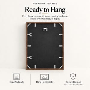 The image is an advertisement for premium frames, highlighting that every frame comes with secure hanging hardware, ensuring that the artwork is ready to be displayed.