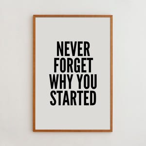 Motivational Quote Print: Never Forget Why You Started, Black and White Typography