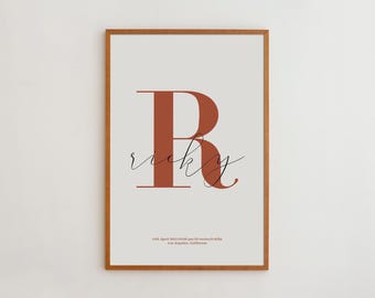 Initial Poster, Minimalist Nursery Print | Archival Giclée Paper, Oak Frame Options, Personalized Name