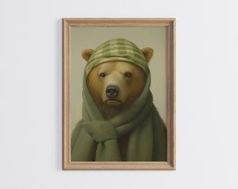 Animal Portrait Illustration For Kids Room Bear With Green Scarf Nursery Wall Art Nursery Wall Decor Poster