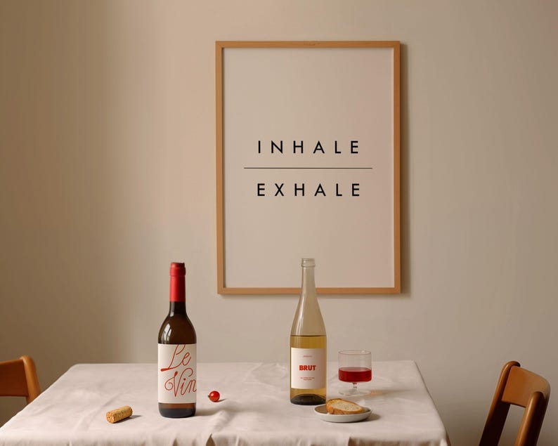 Inhale Exhale Print, Minimalist Typography Poster | Archival Matte Paper | Solid Oak Frame Options, Multiple Sizes imagem 2