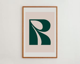 Initial Wall Art, Modern Monogram Print | Archival Giclée Paper, Oak Frame Option, Multiple Sizes