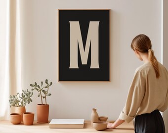 Custom Initial Print | Modern Home Wall Decor | Personalized Gift Wall Art | Black and Beige Retro Wall Decor | Framed Typography Poster