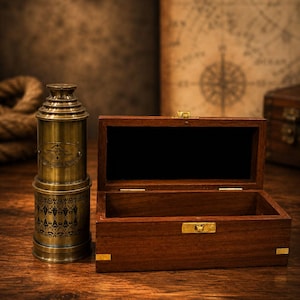 Telescópio de latão personalizado com caixa de madeira – Luneta náutica gravada à mão, presente pirata vintage, decoração de telescópio marítimo vitoriano