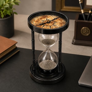Pode incluir: Uma ampulheta preta com um bulbo de vidro transparente preenchido com areia cinzenta, suportada por quatro pilares verticais. A moldura circular superior exibe um design de rosa dos ventos vintage com pontos cardeais impressos a preto num fundo bege.