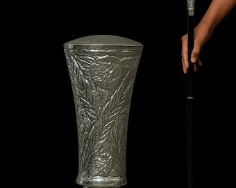 Engraved Silver Walking Cane – Floral Brass Handle, Black Wood Shaft