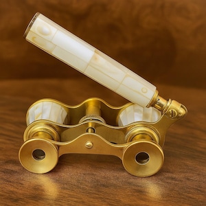 May include: Antique brass opera glasses with mother-of-pearl accents. The binoculars feature a gold-colored frame with a central focus wheel and two eyepieces. The handle is white with a rectangular pattern. The opera glasses are set on a wooden surface.