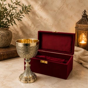 May include: Ornate silver chalice with a gold interior, featuring detailed floral patterns. Beside it, a burgundy velvet-lined box with a gold clasp is open. The scene is set on a marble surface, with a candlelit lantern in the background.