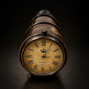 Puede incluir: Un reloj de mesa cilíndrico con acabado metálico oscuro y esfera color crema con números romanos negros. La esfera muestra un icono de corona sobre el texto LONDON 1901, con finas manecillas negras que indican la hora.