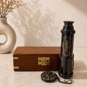 Telescópio Dollond London personalizado com caixa de madeira, luneta náutica antiga, presente gravado para ele, decoração marítima vintage.