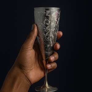 Pode incluir: Taça de champanhe prateada com um design floral gravado. A haste e a base têm um acabamento dourado. O copo é segurado contra um fundo escuro.