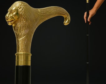 Handmade Brass Lion Head Walking Cane – Black Wooden Gentleman's Cane