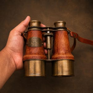 Puede incluir: Binoculares de estilo antiguo con cuerpo de latón y barriles recubiertos de cuero marrón. Una rueda de enfoque central de latón se sitúa entre los oculares. Una placa de latón en el barril izquierdo muestra "US NAVY BINOCULARS" y más texto.