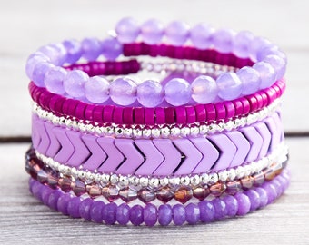 Shades of Purple and Silver Beaded Wrap Bracelet, Cuff, Bangle