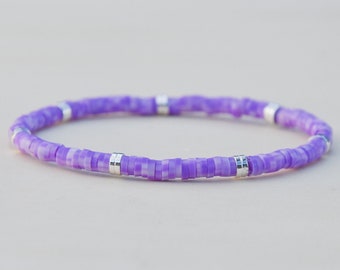 Dainty Purple & Silver Beaded Stretch Bracelet, Clay Beads, Minimalista, Regalos para ella, Joyas Preppy, Día de San Valentín