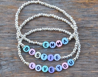 Personalized Pastel Name or Word Dainty Beaded Silver Bracelet , gifts for her, gifts for teens