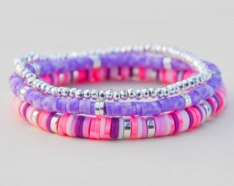 Set of 3 Pink, Purple, Silver Beaded Bracelets, Clay Beads, Heishi, Stretch Bracelets, Valentines Day, Gifts for Her, Mother's Day