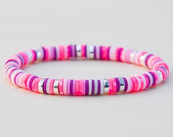 Pink, Purple & Silver Beaded Stretch Bracelet, Clay Beads, Heishi, Preppy Jewelry, Valentines Gift, Gifts for teens