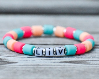 Hot Pink, Bright Turquoise & Bright Peach Custom Name, Word Beaded Stretch Bracelet