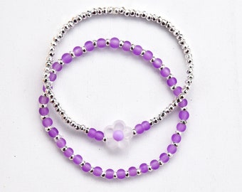 Purple & Silver Flower Beaded Stretch Bracelet , Jewelry, Valentines Day, Mothers Day Gift