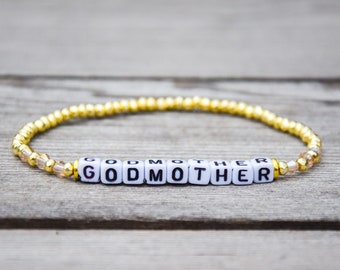 Gold & Champagne Beaded Godmother Stretch Bracelet, Godmother Gift, Baptism Jewelry, Christening