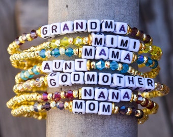 Dainty Gold & Color Pop Custom Name / Word Beaded Stretch Bracelet, Mom, Mama, Grandma, Godmother. Aunt, Mother's Day, Mimi. Christening