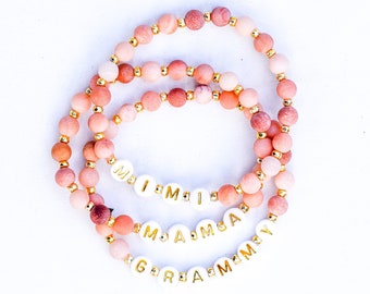 Frosted Peach Gemstone Custom Name Word Beaded Stretch Bracelet