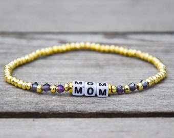Gold & Purple Beaded Mom Stretch Bracelet, Gifts for mom, mother's day
