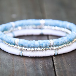 Blue Skies Blue, White & Silver Beaded Stretch Bracelet Stack Set