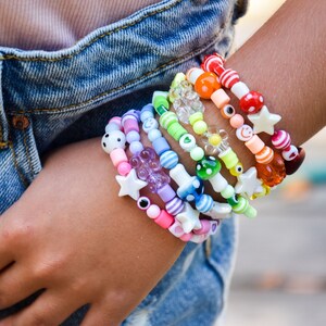 Colorful, Eclectic, Messy Mix Beaded Friendship Bracelet, Mushroom, Evil Eye, Gummy Bear