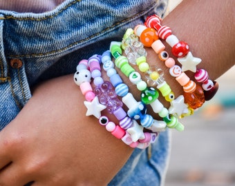 Colorful, Eclectic, Messy Mix Beaded Friendship Bracelet, Mushroom, Evil Eye, Gummy Bear