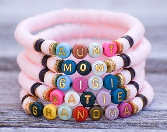 Bold Colored Name / Word Beaded Heishi Clay Bead Bracelet , Mom. Grandma