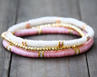 Neutral Rose Beaded Stretch Bracelet Stack Set