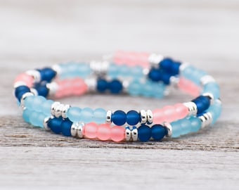 Frosted Brights Beaded Wrap Bracelet (Blues & Bright Coral)