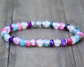 Pastel Rainbow Stone Beaded Stretch Bracelet, Gemstone Jewelry, Dainty Bracelet