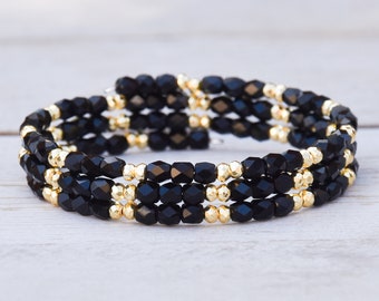 Black & Gold Sparkle Beaded Wrap Bracelet