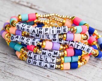 Gold & Colorful Barrels Custom Name / Word Beaded Stretch Bracelet