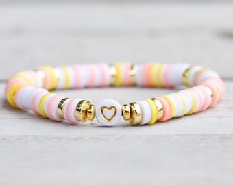 White, Yellow, Peach & Gold Heishi Bead Heart Bracelet