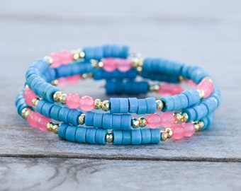 Turquoise, Pink & Gold Beaded Wrap Bracelet