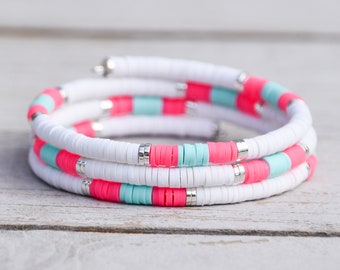 White, Hot Pink & Aqua Stripe Beaded Heishi Wrap Bracelet