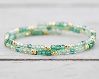 Green & Gold Sparkle Beaded Wrap Bracelet