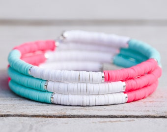 White, Hot Pink & Aqua Beaded Heishi Wrap Bracelet