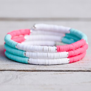 White, Hot Pink & Aqua Beaded Heishi Wrap Bracelet