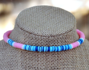 Pink, Teal, Turquoise Clay Disc Beaded Choker Necklace