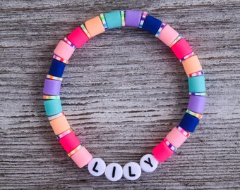 Custom Name / Word Colorful Rainbow Clay Beaded Stretch Bracelet