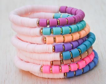 Colorful Clay Barrel and Clay Disc Beaded Stretch Bracelet, Heishi Bracelet