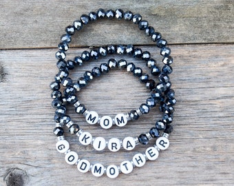 Personalized Charcoal Sparkle Custom Name or Word Beaded Stretch Bracelets, Gifts for her, gift for mom